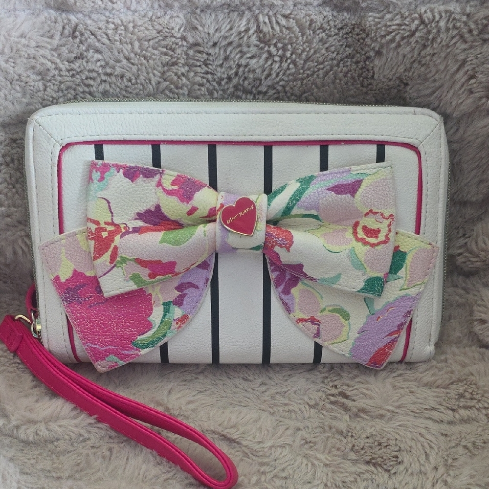 Betsey Johnson Striped Floral Bow Large Wristlet